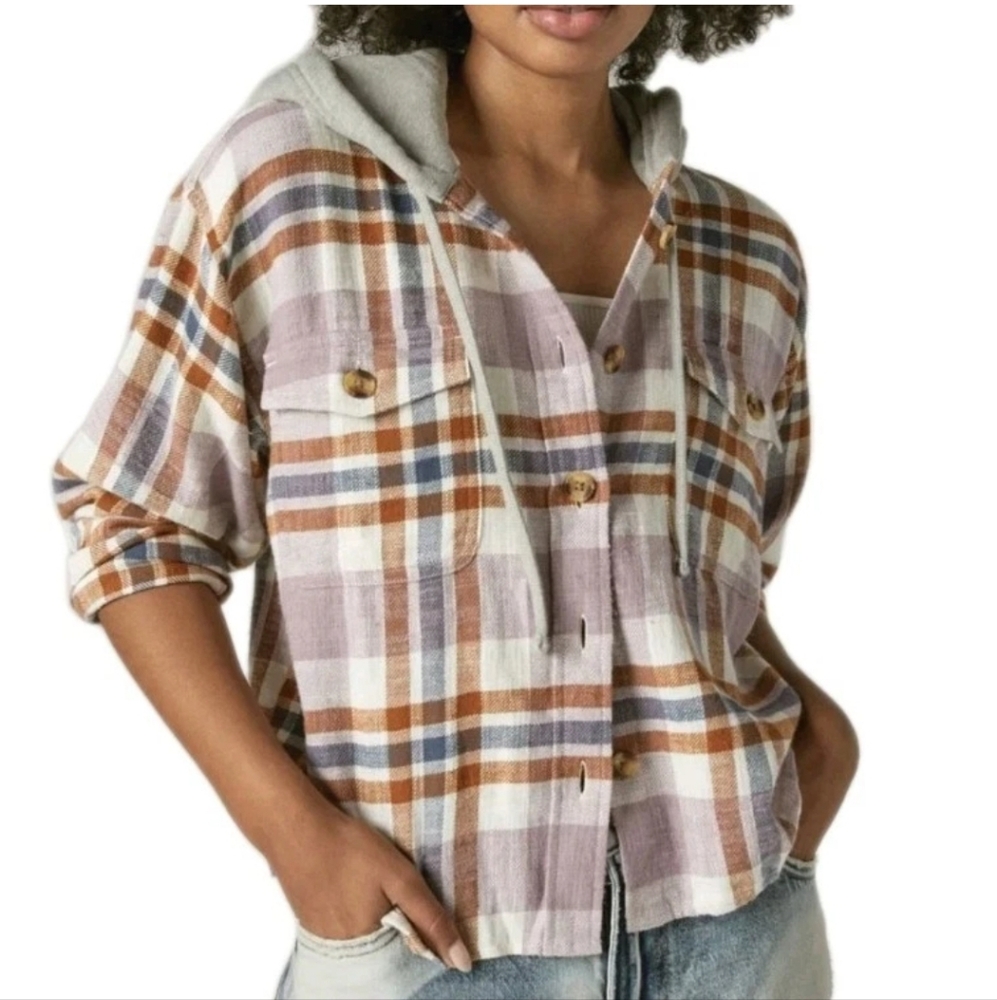 Lucky Brand Hooded Flannel Shacket Woman Sz XL Purple Plaid Cropped Shirt Jacket - Picture 2 of 12